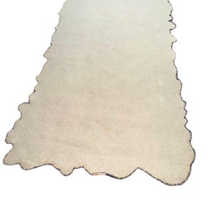 May include: A beige, irregularly shaped rug with a dark border. The rug has a unique, organic form, and the edges are slightly frayed, giving it a rustic appearance. The rug is set against a white background.