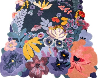 Alfombra grande estampada de mezcla de lana con diseño floral de Anthropologie Jardin – Azul marino / Alfombra de área con mechones
