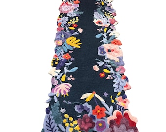 Anthropologie Jardin Printed Wool Blend Floral Runner Rug – Navy | Tufted Statement Rug