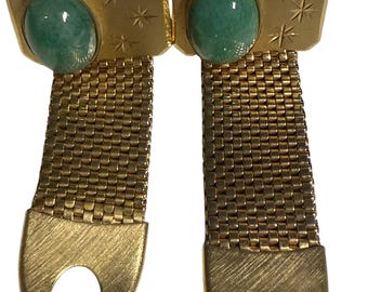 Gemelos vintage Swank de malla dorada con piedra verde / Joyería masculina de estilo moderno de mediados de siglo / Gemelos retro estilo Mad Men