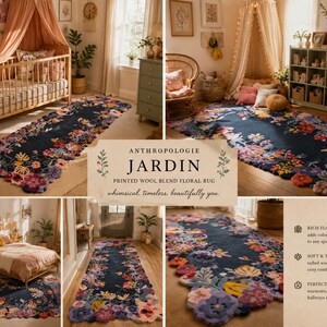 May include: A navy blue floral rug with a whimsical design. The rug features a rich floral pattern in shades of pink, purple, and yellow. The rug is made of a soft, textured wool blend and is perfect for nurseries, bedrooms, and hallways.