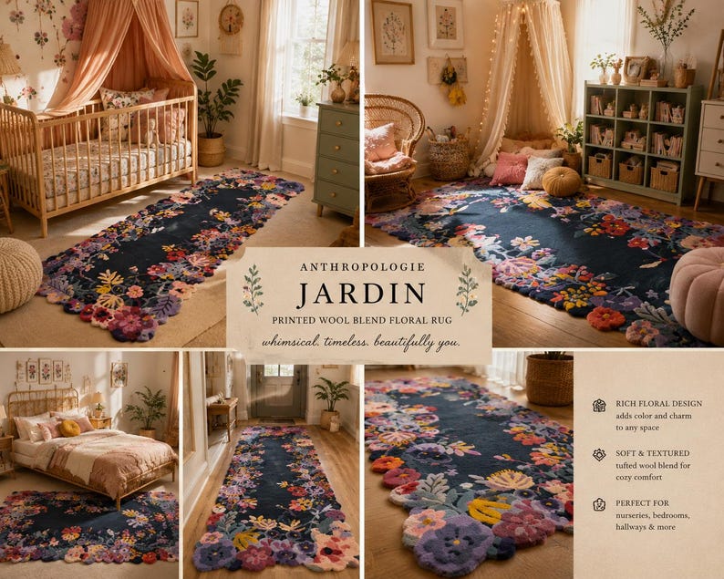 May include: A navy blue floral rug with a whimsical design. The rug features a rich floral pattern in shades of pink, purple, and yellow. The rug is made of a soft, textured wool blend and is perfect for nurseries, bedrooms, and hallways.
