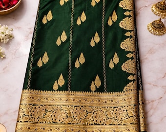 Bottle Green Banarasi Silk Saree, Gold Zari Leaf Motifs, Handloom Wedding Wear