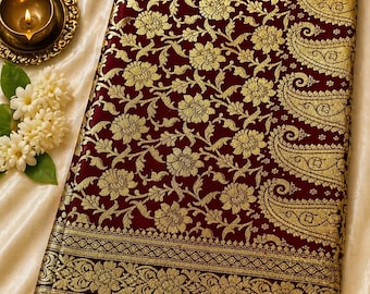 Maroon Banarasi Silk Saree, Gold Zari Floral Design, Katan Silk, Indian Bridal Wear