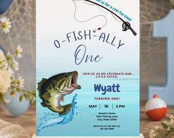 OFishally One First Birthday Invitation | Fishing Birthday Invitation Theme | Fishing 1st Birthday Invite |  Editable Canva Template