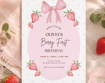Berry First Birthday Invitation | Berry 1st Birthday Girl Invite | Strawberry Birthday Girl | Editable Canva Template | Digital Download