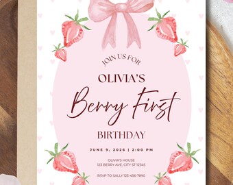 Berry First Birthday Invitation | Strawberry Theme Party | Girl | Editable Canva Template (Digital Download)