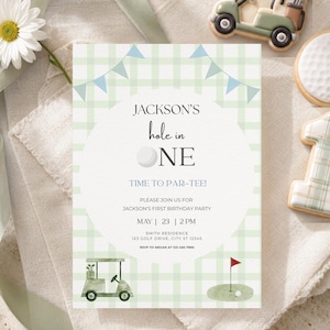 Hole in One Birthday Invitation | Golf First Birthday Party |Par-tee Invite | Editable Canva Template | Hole in One | Hole in One Birthday | Hole in One Party | Par-tee | Hole in One Invite | Invitation Template | Golf Birthday | Golf Party | First Birthday Boy | Golf Invitation | Par Tee Birthday | First Birthday | Editable Invitation | Printable Invite | 1st Birthday Boy | Green | Plaid