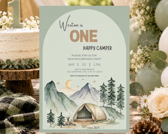 One Happy Camper Birthday | First Birthday Invitation | Happy Camper Invite | Editable Canva Template |(Digital Download)