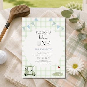 Hole in One Birthday Invitation | Golf First Birthday Party |Par-tee Invite | Editable Canva Template | Hole in One | Hole in One Birthday | Hole in One Party | Par-tee | Hole in One Invite | Invitation Template | Golf Birthday | Golf Party | First Birthday Boy | Golf Invitation | Par Tee Birthday | First Birthday | Editable Invitation | Printable Invite | 1st Birthday Boy | Green | Plaid