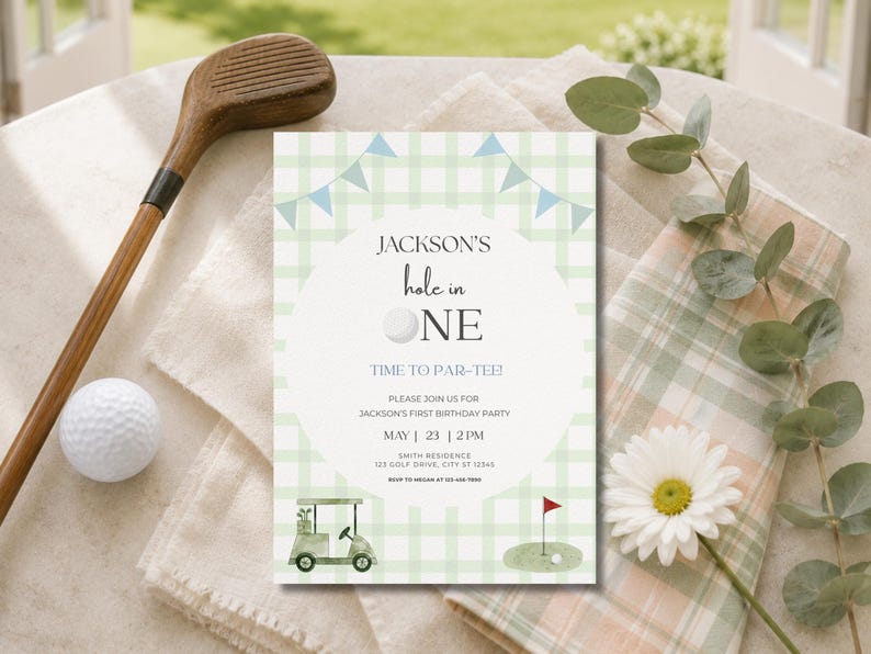Hole in One Birthday Invitation | Golf First Birthday Party |Par-tee Invite | Editable Canva Template | Hole in One | Hole in One Birthday | Hole in One Party | Par-tee | Hole in One Invite | Invitation Template | Golf Birthday | Golf Party | First Birthday Boy | Golf Invitation | Par Tee Birthday | First Birthday | Editable Invitation | Printable Invite | 1st Birthday Boy | Green | Plaid