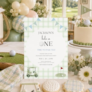 Hole in One Birthday Invitation | Golf First Birthday Party |Par-tee Invite | Editable Canva Template | Hole in One | Hole in One Birthday | Hole in One Party | Par-tee | Hole in One Invite | Invitation Template | Golf Birthday | Golf Party | First Birthday Boy | Golf Invitation | Par Tee Birthday | First Birthday | Editable Invitation | Printable Invite | 1st Birthday Boy | Green | Plaid