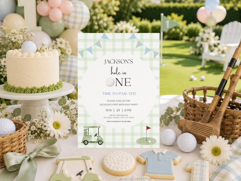Hole in One Birthday Invitation | Golf First Birthday Party |Par-tee Invite | Editable Canva Template | Hole in One | Hole in One Birthday | Hole in One Party | Par-tee | Hole in One Invite | Invitation Template | Golf Birthday | Golf Party | First Birthday Boy | Golf Invitation | Par Tee Birthday | First Birthday | Editable Invitation | Printable Invite | 1st Birthday Boy | Green | Plaid