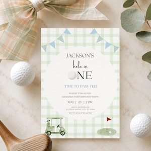 Hole in One Birthday Invitation | Golf First Birthday Party |Par-tee Invite | Editable Canva Template | Hole in One | Hole in One Birthday | Hole in One Party | Par-tee | Hole in One Invite | Invitation Template | Golf Birthday | Golf Party | First Birthday Boy | Golf Invitation | Par Tee Birthday | First Birthday | Editable Invitation | Printable Invite | 1st Birthday Boy | Green | Plaid