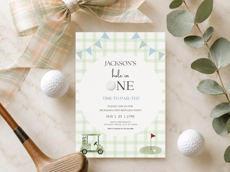 Hole in One Birthday Invitation | Golf First Birthday Party |Par-tee Invite | Editable Canva Template | Hole in One | Hole in One Birthday | Hole in One Party | Par-tee | Hole in One Invite | Invitation Template | Golf Birthday | Golf Party | First Birthday Boy | Golf Invitation | Par Tee Birthday | First Birthday | Editable Invitation | Printable Invite | 1st Birthday Boy | Green | Plaid