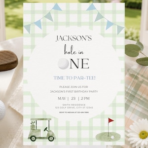 Hole in One Birthday Invitation | Golf First Birthday Party |Par-tee Invite | Editable Canva Template | Hole in One | Hole in One Birthday | Hole in One Party | Par-tee | Hole in One Invite | Invitation Template | Golf Birthday | Golf Party | First Birthday Boy | Golf Invitation | Par Tee Birthday | First Birthday | Editable Invitation | Printable Invite | 1st Birthday Boy | Green | Plaid