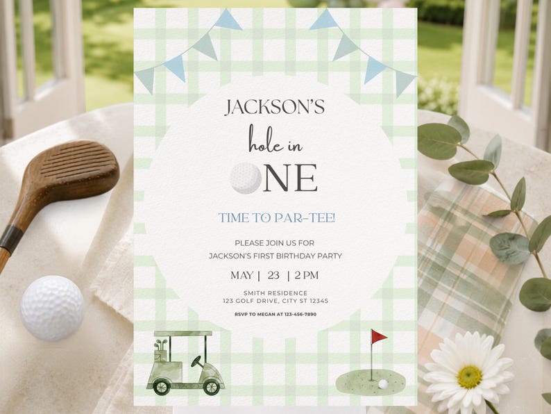Hole in One Birthday Invitation | Golf First Birthday Party |Par-tee Invite | Editable Canva Template | Hole in One | Hole in One Birthday | Hole in One Party | Par-tee | Hole in One Invite | Invitation Template | Golf Birthday | Golf Party | First Birthday Boy | Golf Invitation | Par Tee Birthday | First Birthday | Editable Invitation | Printable Invite | 1st Birthday Boy | Green | Plaid