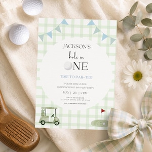Hole in One Birthday Invitation | Golf First Birthday Party |Par-tee Invite | Editable Canva Template | Hole in One | Hole in One Birthday | Hole in One Party | Par-tee | Hole in One Invite | Invitation Template | Golf Birthday | Golf Party | First Birthday Boy | Golf Invitation | Par Tee Birthday | First Birthday | Editable Invitation | Printable Invite | 1st Birthday Boy | Green | Plaid