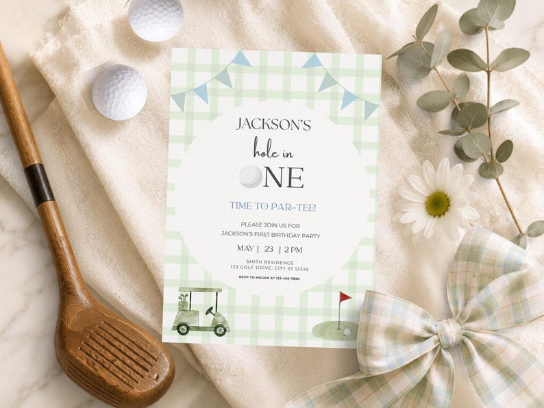 Hole in One Birthday Invitation | Golf First Birthday Party |Par-tee Invite | Editable Canva Template | Hole in One | Hole in One Birthday | Hole in One Party | Par-tee | Hole in One Invite | Invitation Template | Golf Birthday | Golf Party | First Birthday Boy | Golf Invitation | Par Tee Birthday | First Birthday | Editable Invitation | Printable Invite | 1st Birthday Boy | Green | Plaid
