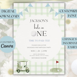 Hole in One Birthday Invitation | Golf First Birthday Party |Par-tee Invite | Editable Canva Template | Hole in One | Hole in One Birthday | Hole in One Party | Par-tee | Hole in One Invite | Invitation Template | Golf Birthday | Golf Party | First Birthday Boy | Golf Invitation | Par Tee Birthday | First Birthday | Editable Invitation | Printable Invite | 1st Birthday Boy | Green | Plaid