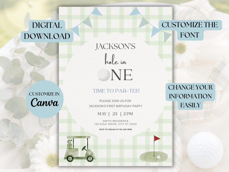 Hole in One Birthday Invitation | Golf First Birthday Party |Par-tee Invite | Editable Canva Template | Hole in One | Hole in One Birthday | Hole in One Party | Par-tee | Hole in One Invite | Invitation Template | Golf Birthday | Golf Party | First Birthday Boy | Golf Invitation | Par Tee Birthday | First Birthday | Editable Invitation | Printable Invite | 1st Birthday Boy | Green | Plaid