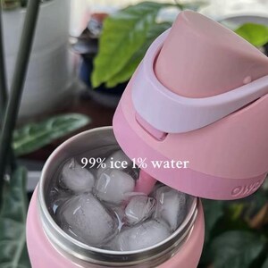 Może przedstawiać: R&oacute;żowa, izolowana butelka na wodę z jasnor&oacute;żową pokrywką, wypełniona kostkami lodu. Na butelce wydrukowano tekst "99% ice 1% water". Pokrywka jest otwarta, odsłaniając wnętrze butelki.