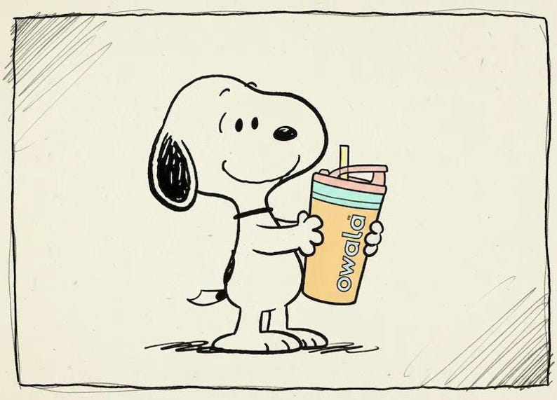 K&ouml;nnte beinhalten: Eine Cartoon-Illustration von Snoopy, der eine Owala-Wasserflasche h&auml;lt. Snoopy ist wei&szlig; mit schwarzen Ohren und einem schwarzen Fleck auf dem R&uuml;cken. Die Wasserflasche ist orange mit einem t&uuml;rkis, rosa und wei&szlig;en Deckel und dem Wort "owala" auf der Seite.