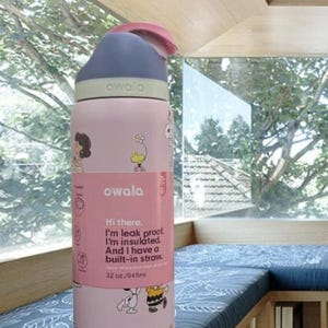 K&ouml;nnte beinhalten: Eine rosa Owala-Trinkflasche mit blauem Deckel und pinkfarbenem Klappverschluss. Die Flasche zeigt Cartoon-Illustrationen und den Text "Hi there. I'm leak proof. I'm insulated. And I have a built-in straw." Fassungsverm&ouml;gen: 945 ml.