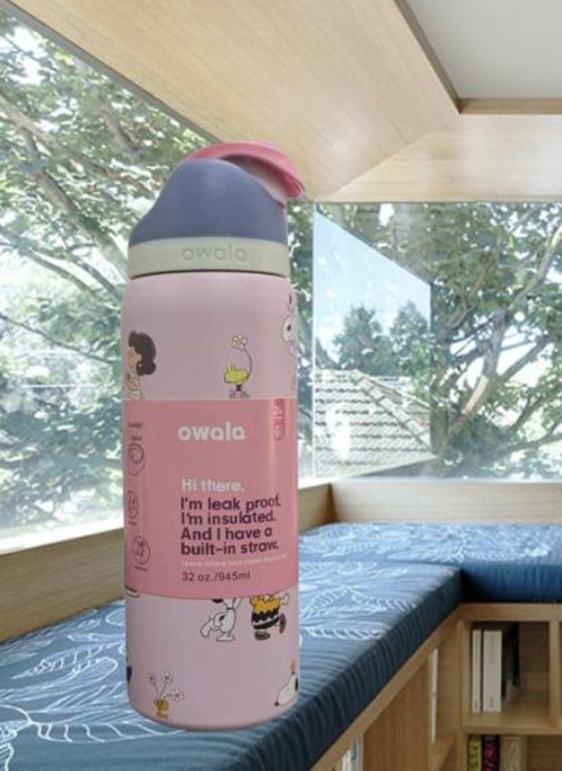 K&ouml;nnte beinhalten: Eine rosa Owala-Trinkflasche mit blauem Deckel und pinkfarbenem Klappverschluss. Die Flasche zeigt Cartoon-Illustrationen und den Text "Hi there. I'm leak proof. I'm insulated. And I have a built-in straw." Fassungsverm&ouml;gen: 945 ml.