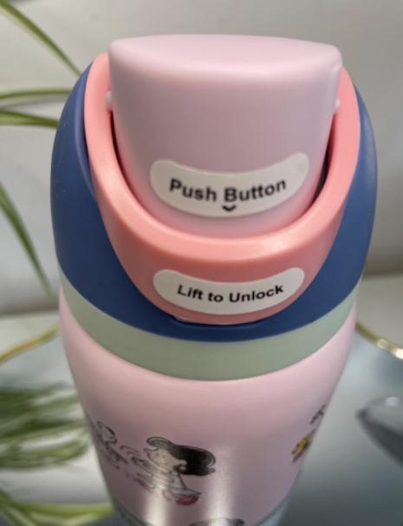 K&ouml;nnte beinhalten: Eine rosa-blaue Wasserflasche mit einem Druckknopfdeckel. Der Deckel ist hellrosa mit einem blauen und korallenfarbenen Akzent. Die W&ouml;rter "Push Button" und "Lift to Unlock" sind auf dem Deckel aufgedruckt. Die Flasche hat Cartoon-Grafiken.