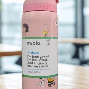 Może przedstawiać: R&oacute;żowa butelka na wodę Owala z odchylaną pokrywką, ozdobiona postaciami z kresk&oacute;wek. Butelka ma białą etykietę z napisem "Hi there. I'm leak proof. I'm insulated. And I have a built-in straw." Pojemność 945ml.