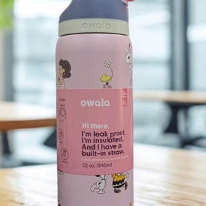 May include: A pink and purple Owala water bottle with a flip-top lid. The bottle features cartoon character illustrations and the text "Hi there. I'm leak proof. I'm insulated. And I have a built-in straw." It holds 32 oz.