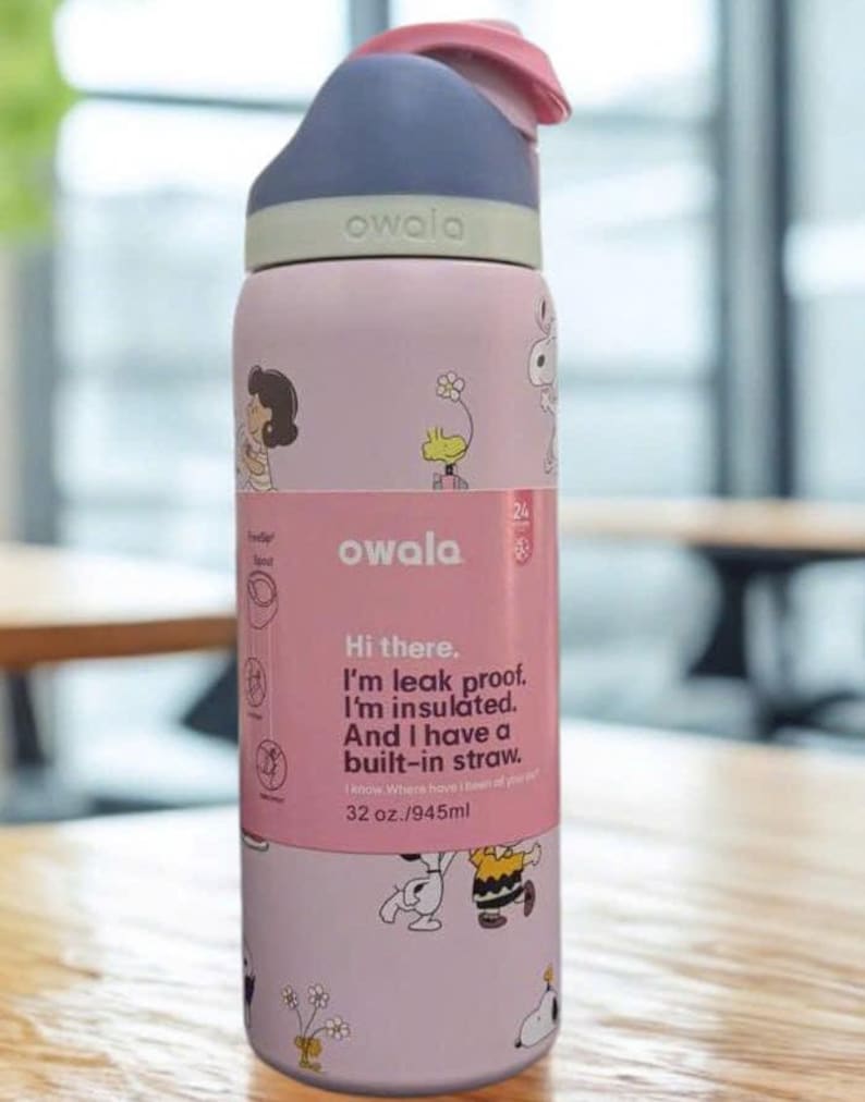 May include: A pink and purple Owala water bottle with a flip-top lid. The bottle features cartoon character illustrations and the text "Hi there. I'm leak proof. I'm insulated. And I have a built-in straw." It holds 32 oz.