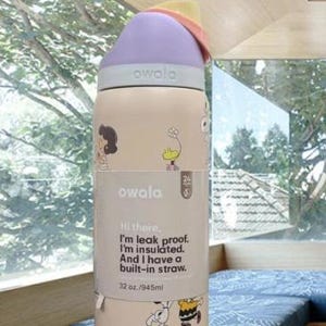 K&ouml;nnte beinhalten: Eine beige Owala-Trinkflasche mit lila Deckel und bunten Akzenten. Die Flasche zeigt Cartoon-Illustrationen und den Text "Hi there. I'm leak proof. I'm insulated. And I have a built-in straw." Fassungsverm&ouml;gen: 945 ml.