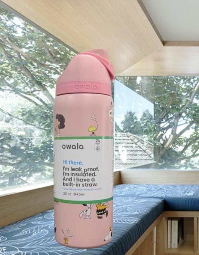 K&ouml;nnte beinhalten: Eine rosa Owala-Wasserflasche mit Klappdeckel und eingebautem Strohhalm. Die Flasche zeigt Illustrationen von Zeichentrickfiguren und Text. Sie fasst 945 ml. Der Text lautet: &bdquo;Hallo. Ich bin auslaufsicher. Ich bin isoliert. Und ich habe einen eingebauten Strohhalm.&ldquo;