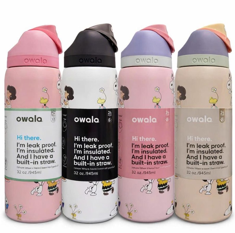 May include: Four Owala insulated water bottles in pink, white, lavender, and beige. Each bottle has a different colored lid and features a cartoon design and the text "Hi there. I'm leak proof. I'm insulated. And I have a built-in straw."