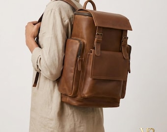Mochila vintage de cuero marrón, de cuero genuino, de gran capacidad, para portátil, viajes, trabajo o escuela, con múltiples bolsillos para hombres y mujeres.