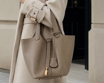 Leather Bucket Tote Bag for Women, Premium Pebbled Leather Handbag, Lock Closure Mini Tote, Elegant Everyday Purse
