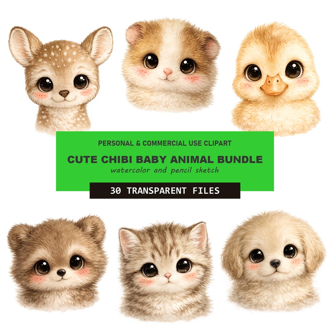 Chibi Animal Clipart Bundle PNG | Watercolor Baby Animals | Nursery ...