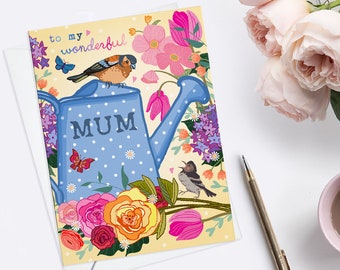 Mother's Day Card, To My Wonderful Mum Birthday Card, Bright Floral and Nature Illustration