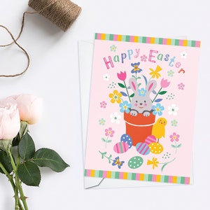 Bright Floral Easter Bunny Card in Pink, Cute Bunny in the Flower Pot image 1