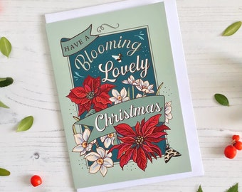 Happy Christmas Card Blooming Lovely Christmas Featuring Poinsettia and Narcissus Flowers