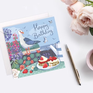 Carte de joyeux anniversaire mouette et thé crème, anniversaire des Cornouailles, anniversaire du Devon, anniversaire du Somerset