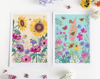 Set of 2 Nature Wall Art Prints of Bees, Butterflies, Wildflowers and Sunflowers