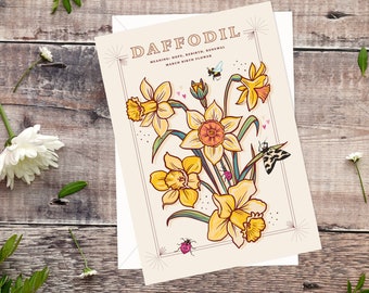 Cartão de aniversário com flor de nascimento de março, cartão de aniversário com narcisos.