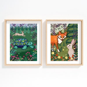 Set of 2 Nursery Wall Art Prints, The Fox & The Hare Print, The Hare and The Tortoise Print image 1