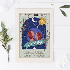 Gemini Birthday Card, Happy Birthday Zodiac Star Sign Large A5 Card image 2