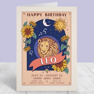 Cartão de aniversário de Leão, cartão grande A5 de feliz aniversário com o signo do zodíaco