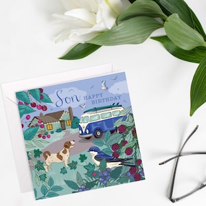 Carte de joyeux anniversaire fils, carte d'anniversaire plus âgée, fils adulte, carte de camping-car de surf
