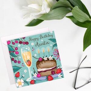Cartão de feliz aniversário para tia, cartão floral brilhante, champanhe e bolo